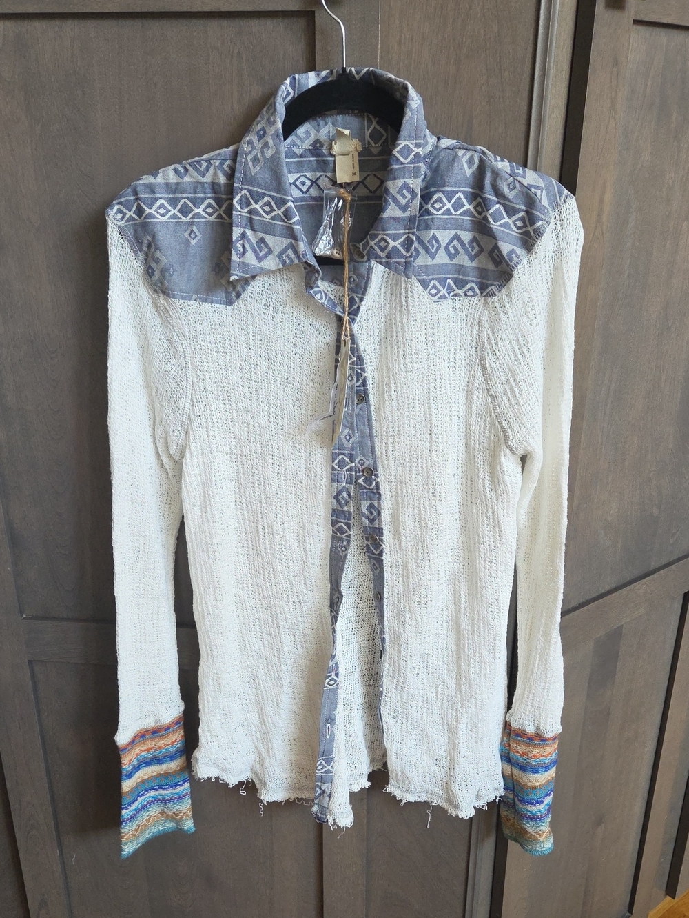 Gimmicks By BKE Boho Cream Knit Sweater with Patterned Collar and Cuffs
